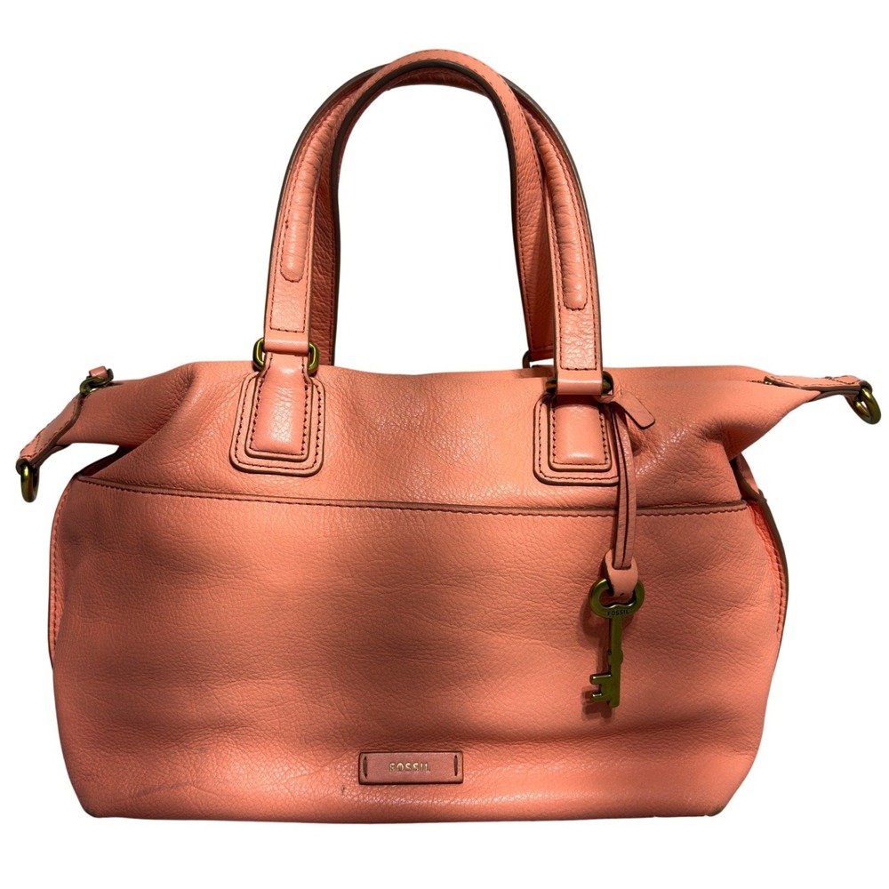 Fossil Satchel Bag Women's Medium Coral Pink Cowhide Leather Purse Key Charm
